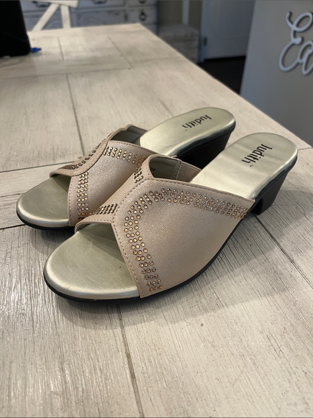 Beige Embellished Low Heel Slide Mules